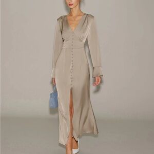 Khaki Satin V Neck Bell Sleeve Dress